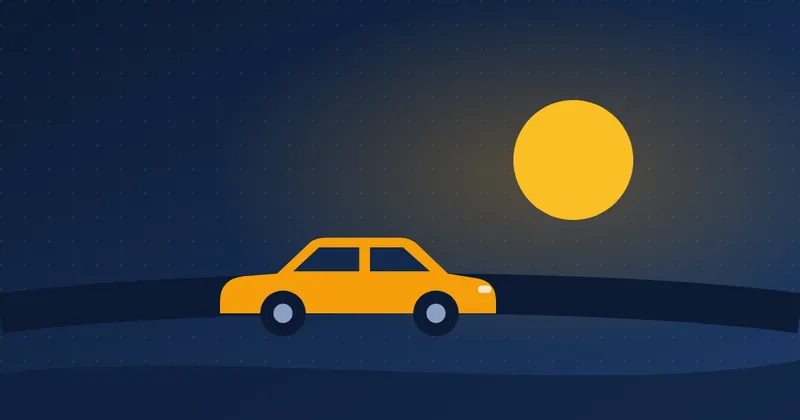 Illustratie: auto op een weg met een zon aan de horizon